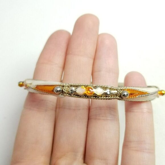 Vintage Orange and White Enamel Bangle Bracelet, Silver Tone Metal, Estate - Picture 1 of 6